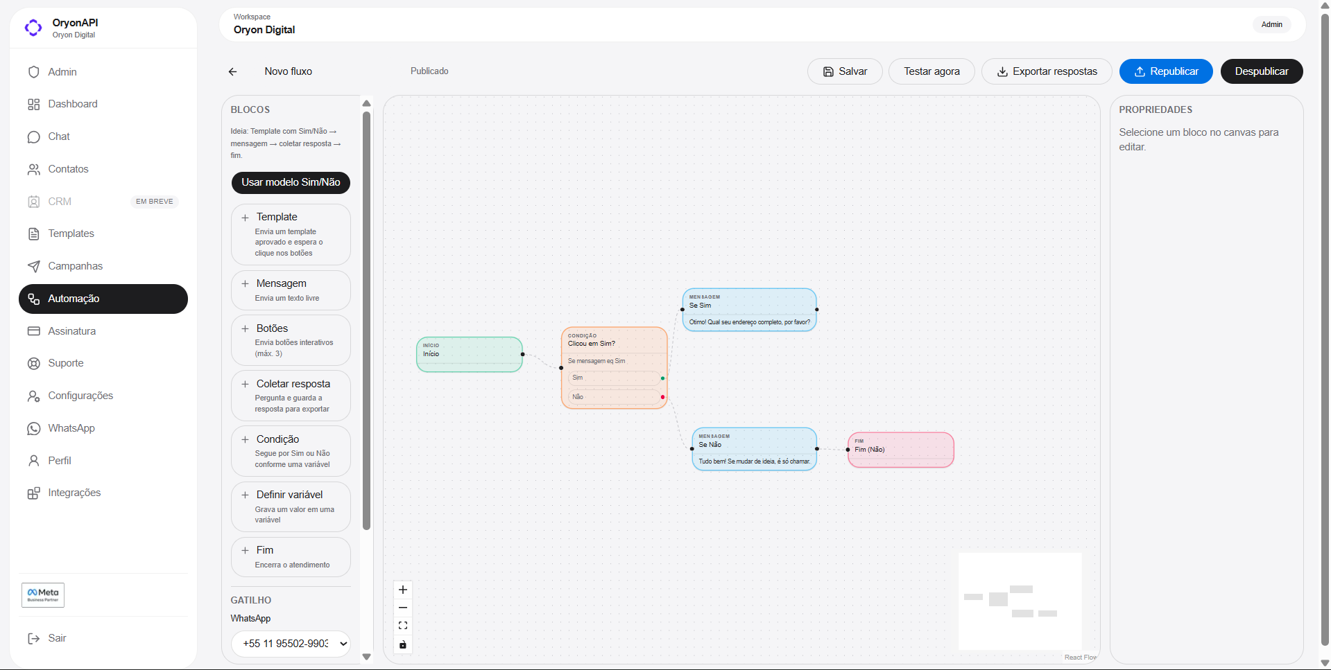 Editor de automação OryonAPI com fluxo visual de mensagens e condições