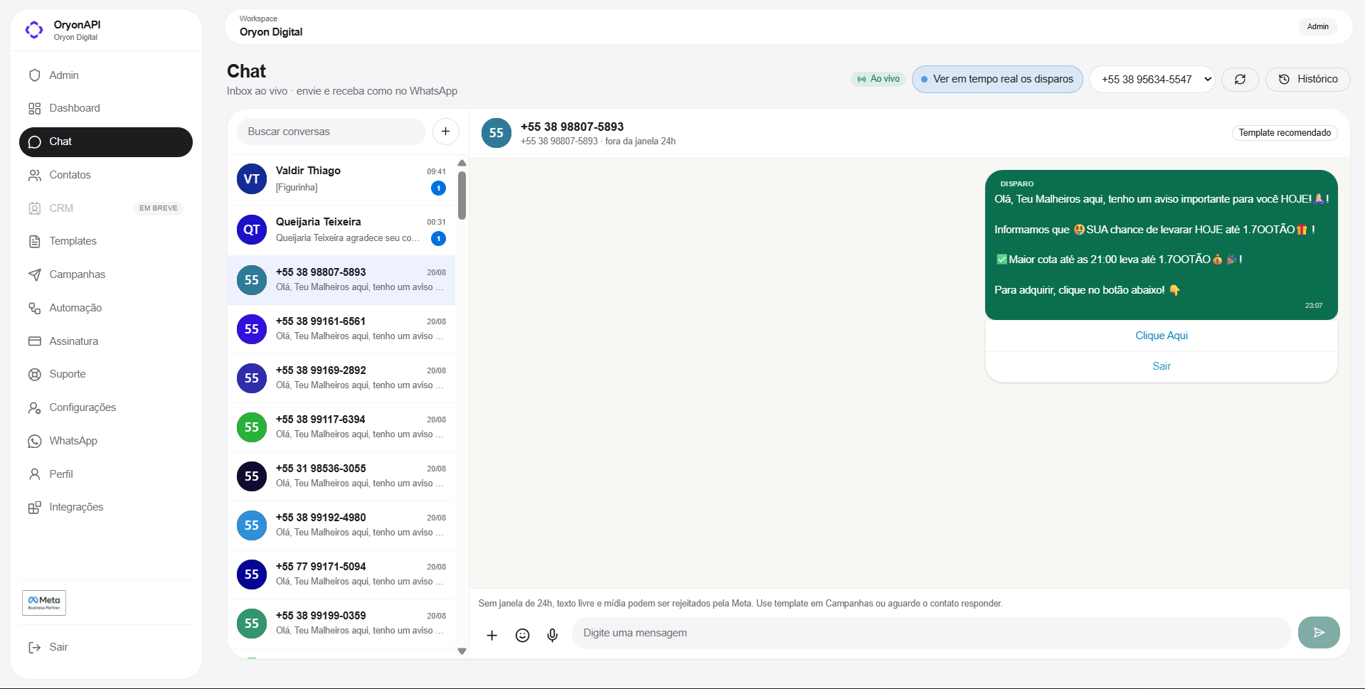 Chat ao vivo OryonAPI com inbox e disparos em tempo real